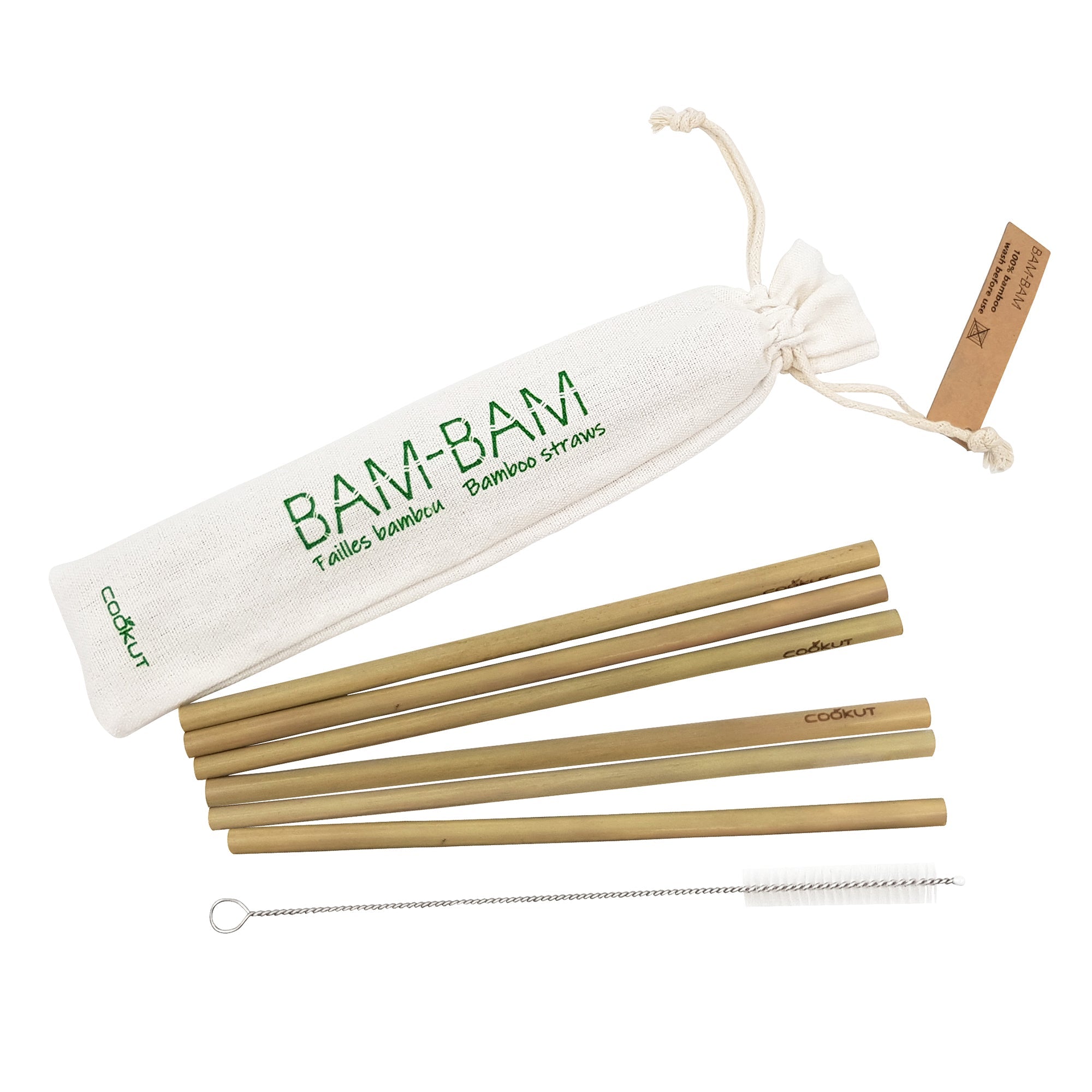 Jeu de 6 pailles réutilisables en bambou avec sachet de rangement et brosse de nettoyage
